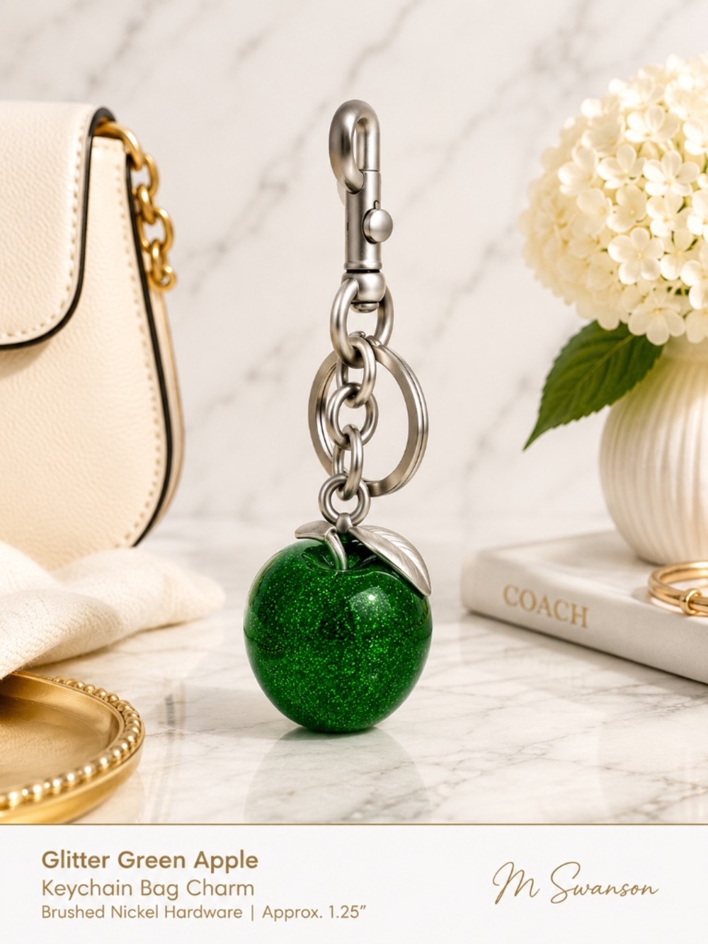 Green Apple Keychain Bag Charm Glitter Brushed Nickel Hardware